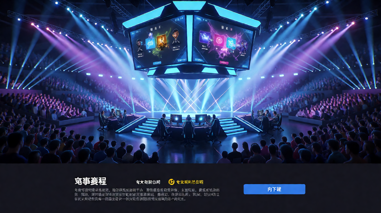 电竞比赛现场，灯光璀璨的竞技场馆与观众席
